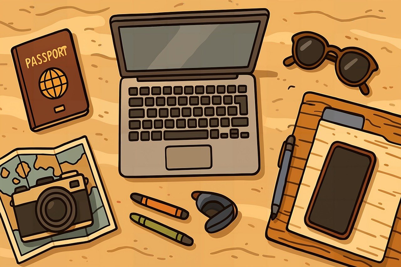 旅行アイテムのイラスト（海外渡航必需品）